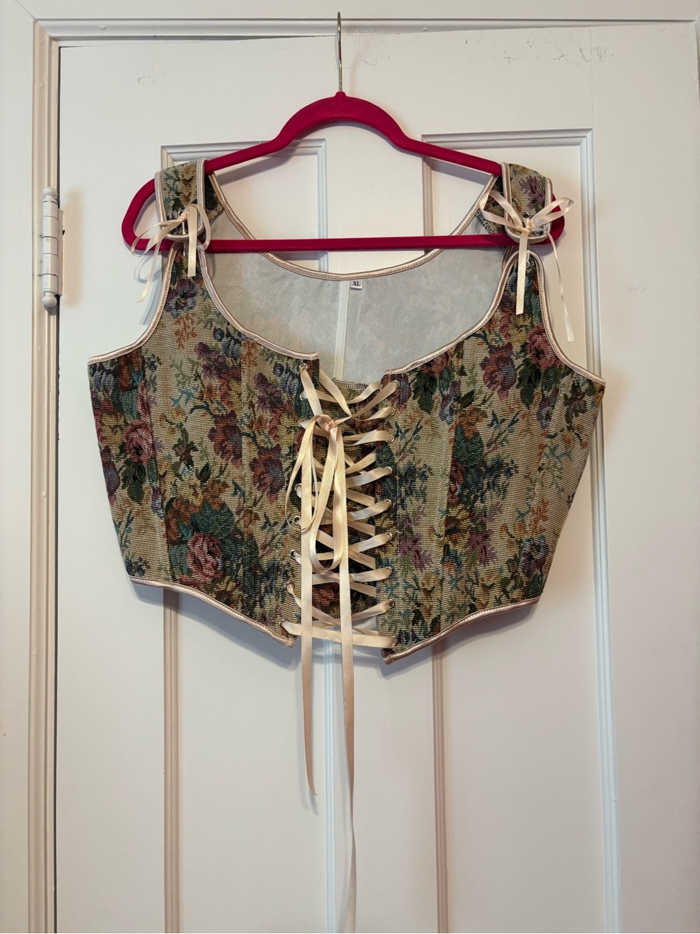 Floral Lace-Up Crop Top in Beige and Multicolor corset size XL